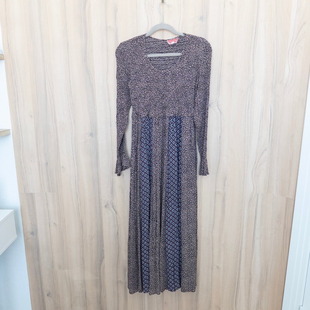 Vintage Rene Derhy Floral Maxi Dress‎ S Brown Smocked Mixed Print